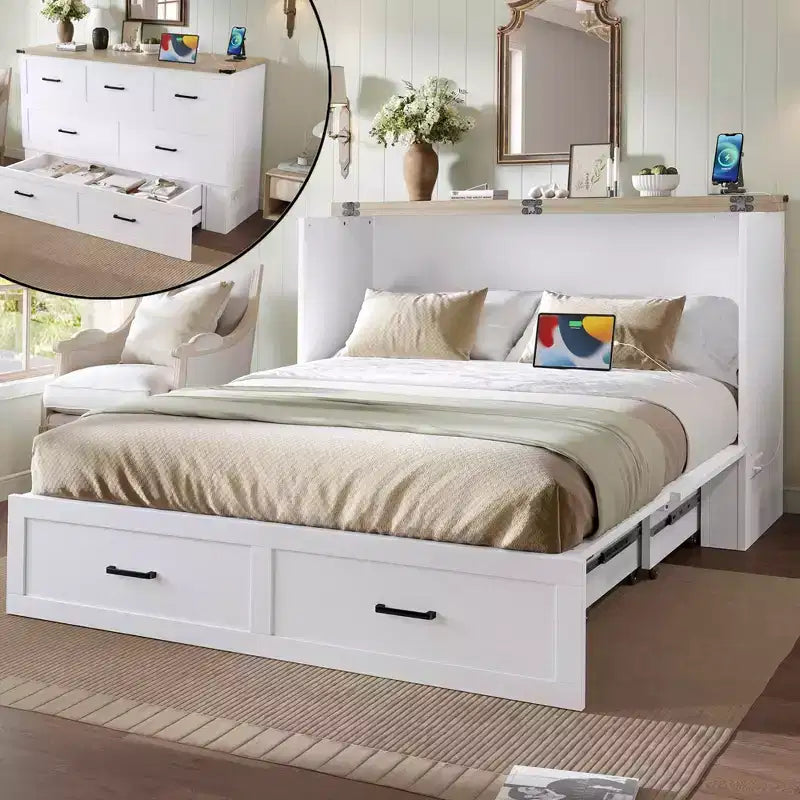 Queen Size Foldable Platform Bed Cabinet with Charging Station – Storage, Guest Room, White