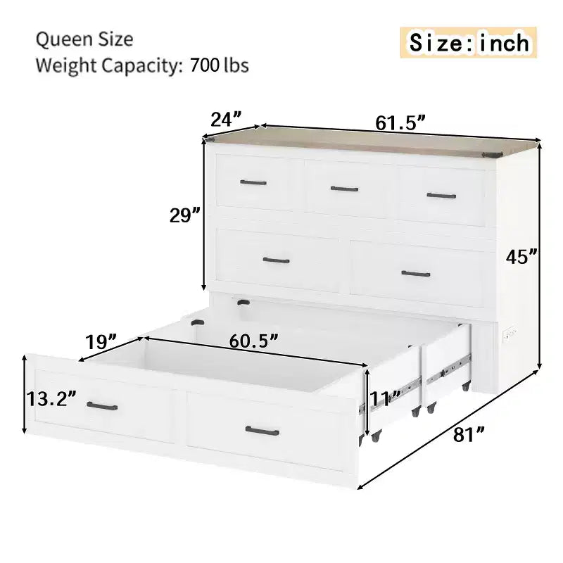 Queen-Size faltbares Plattformbett mit Schrank und Ladestation – Aufbewahrung, Gästezimmer, Weiß