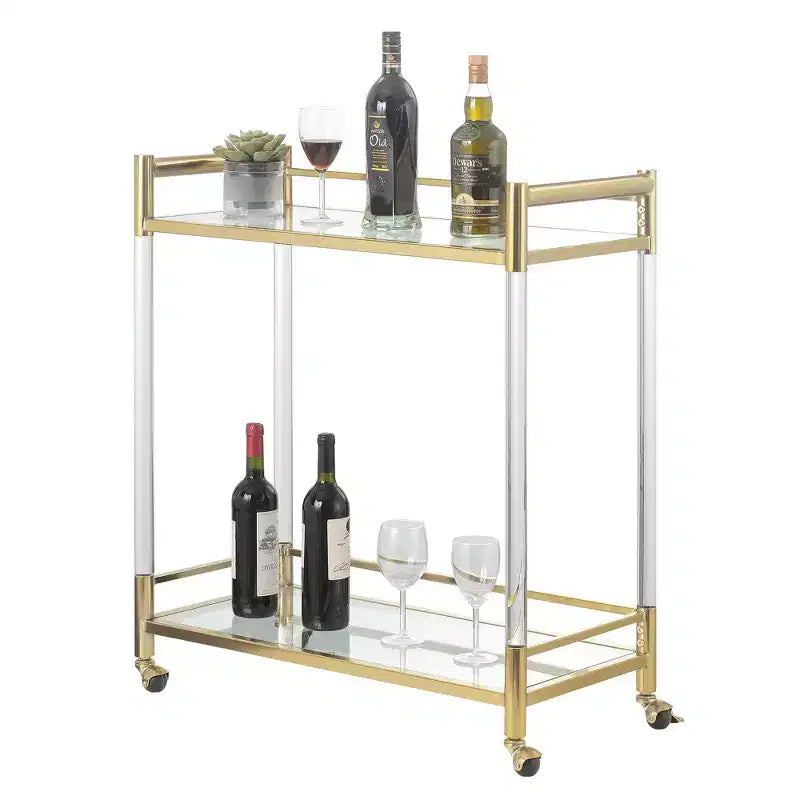 2-Tier Acrylic Glass Bar Cart – Gold Frame, Tempered Shelves & Swivel Wheels