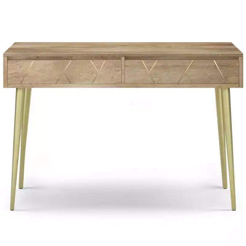 Naturholz Konsolentisch – Mid-Century Modern, geometrische Messingintarsie, Aufbewahrung