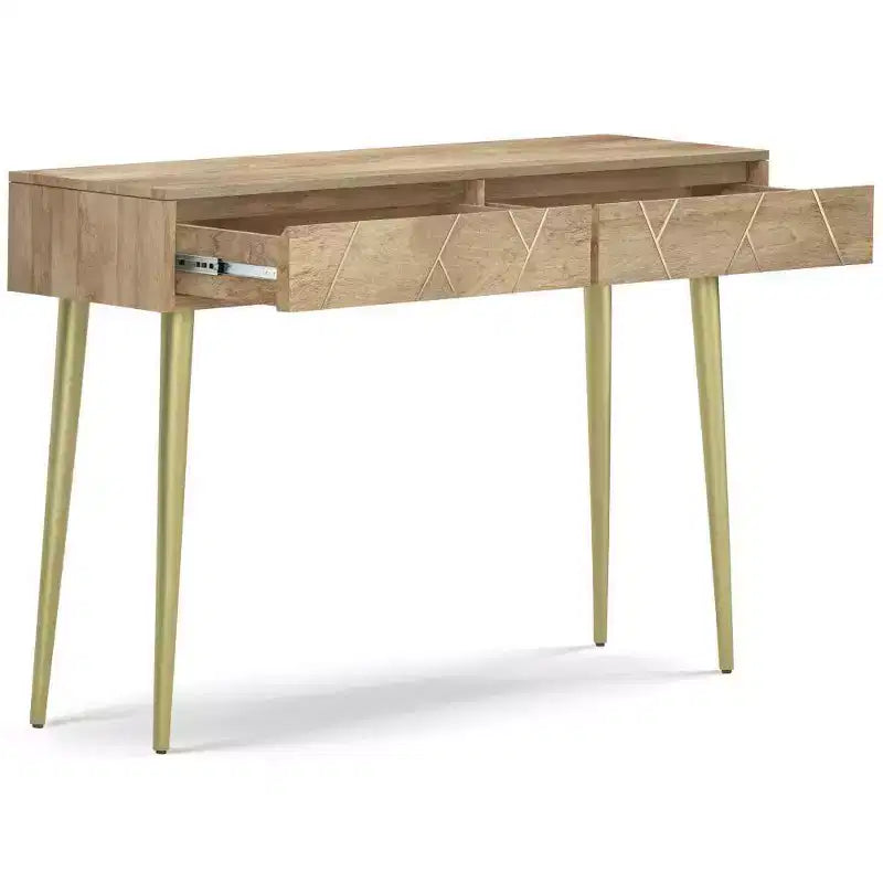 Natural Wood Console Table – Mid-Century Modern, Geometric Brass Inlay, Storage