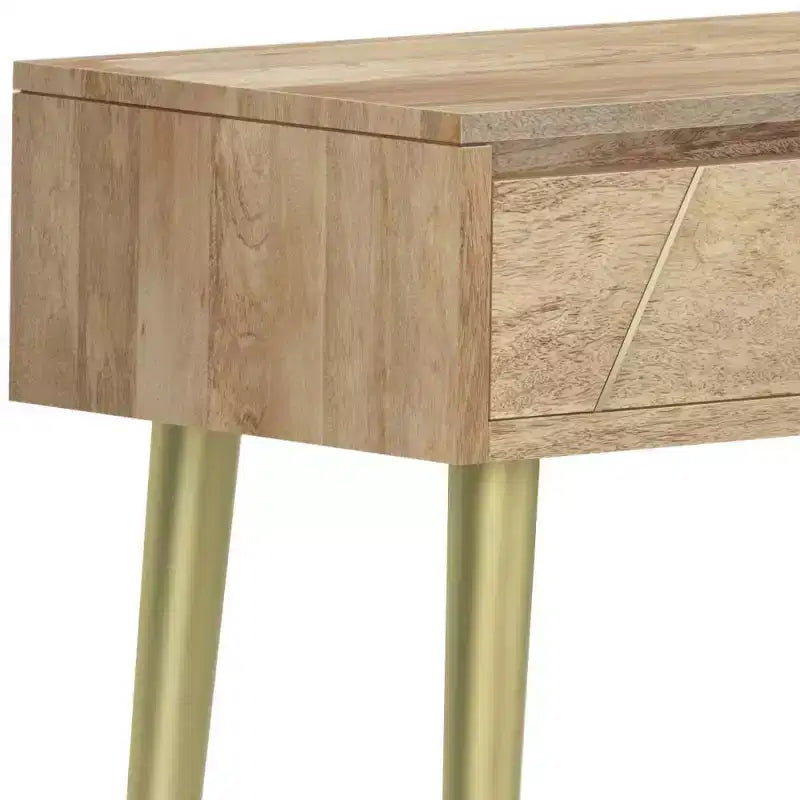 Naturholz Konsolentisch – Mid-Century Modern, geometrische Messingintarsie, Aufbewahrung