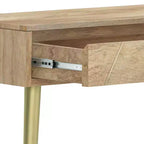 Naturholz Konsolentisch – Mid-Century Modern, geometrische Messingintarsie, Aufbewahrung