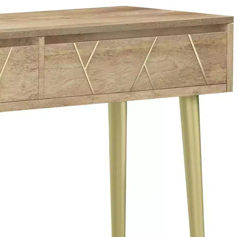 Naturholz Konsolentisch – Mid-Century Modern, geometrische Messingintarsie, Aufbewahrung