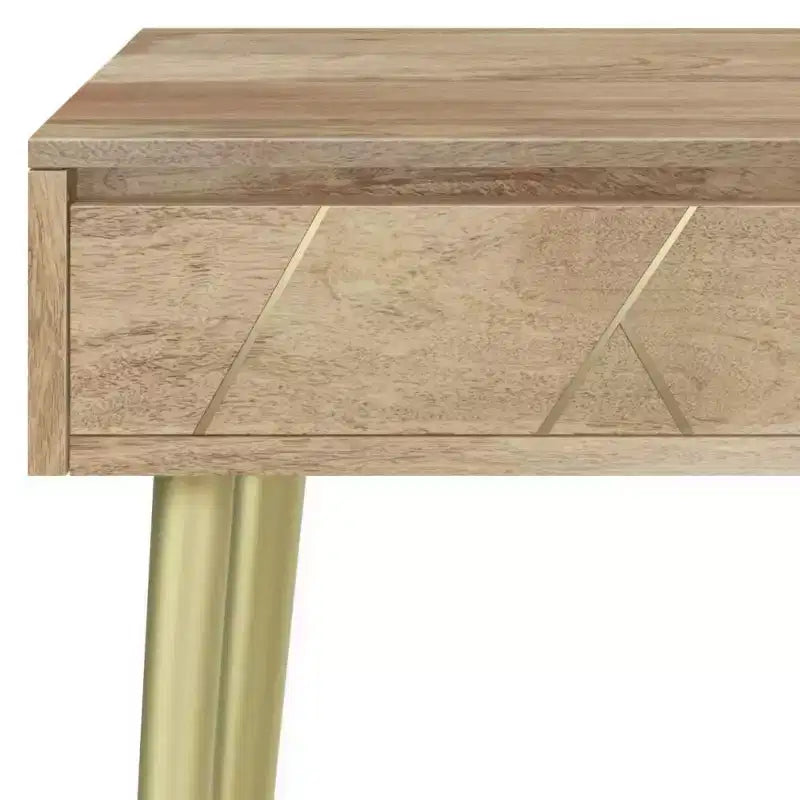 Naturholz Konsolentisch – Mid-Century Modern, geometrische Messingintarsie, Aufbewahrung