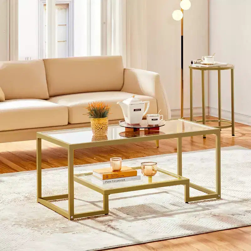 Mesa de centro moderna de vidrio templado con estante abierto – marco dorado, sala