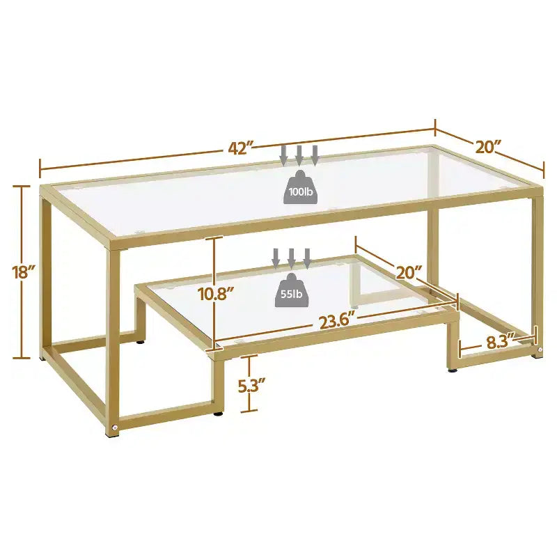Mesa de centro moderna de vidrio templado con estante abierto – marco dorado, sala